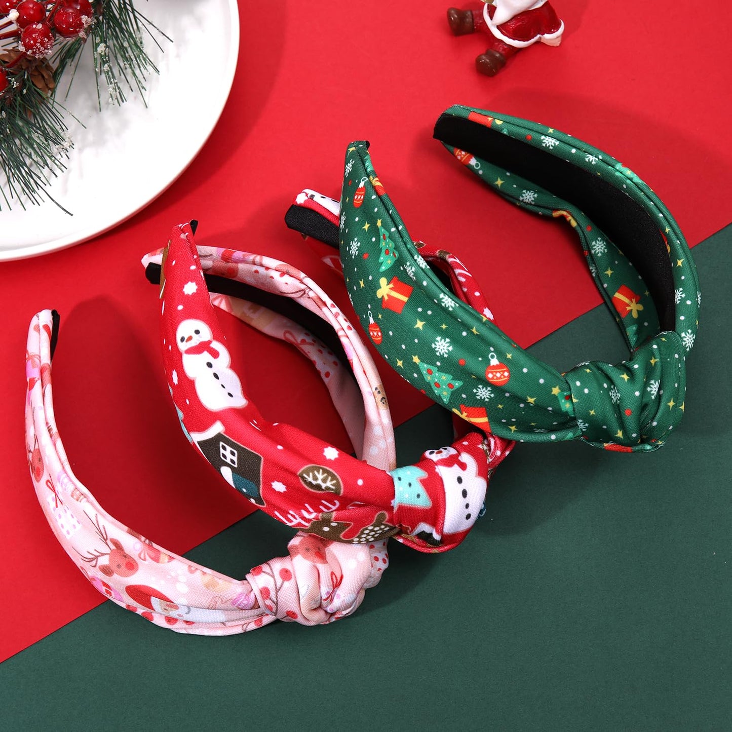 JERTOCLE Pink Christmas Headband Holiday Headband Accessories for Women Printed Xmas Tree Snowflake Knotted Headband Christmas Hair Accessories Decorations Gifts (Red Green Pink)