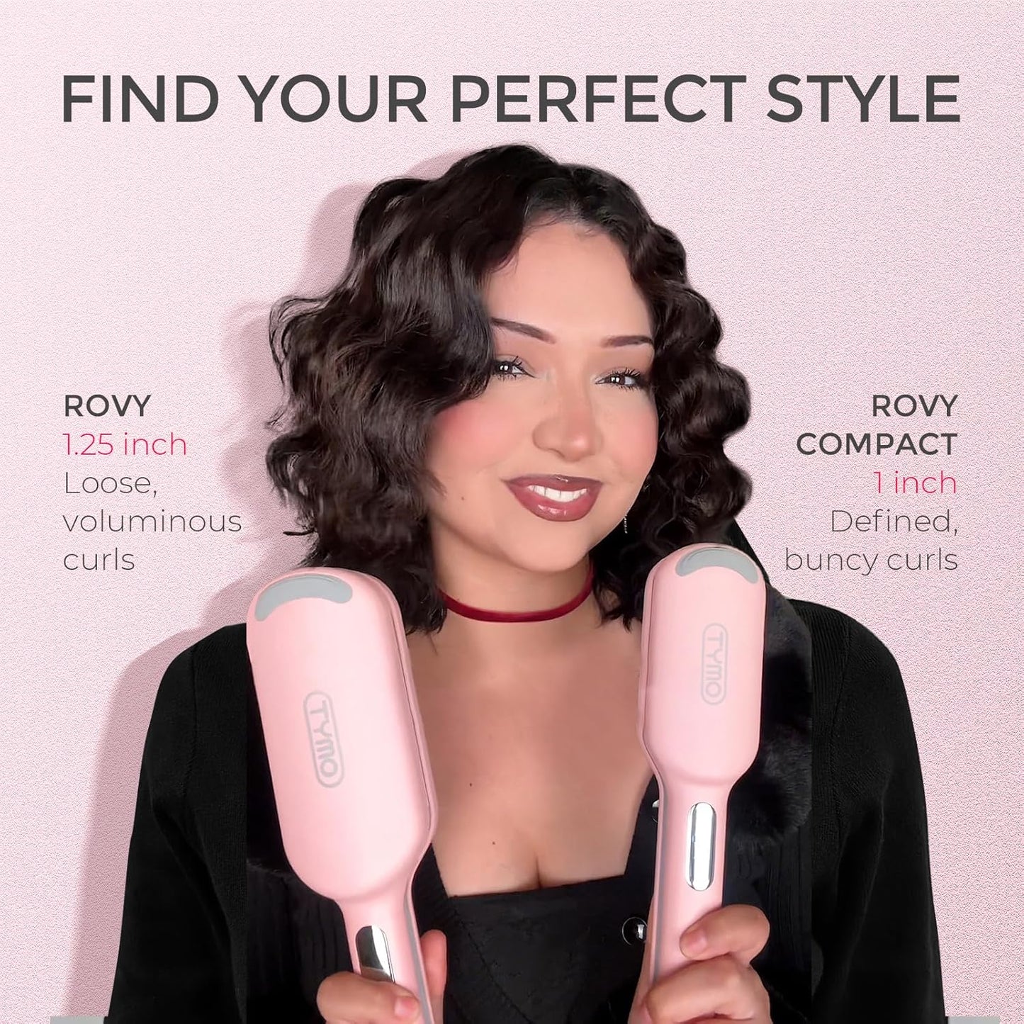 TYMO ROVY Curling Wand - Ionic 3-Barrel Hair Crimper for Beach Waves, Anti-Scald, Pink, 1 Inch