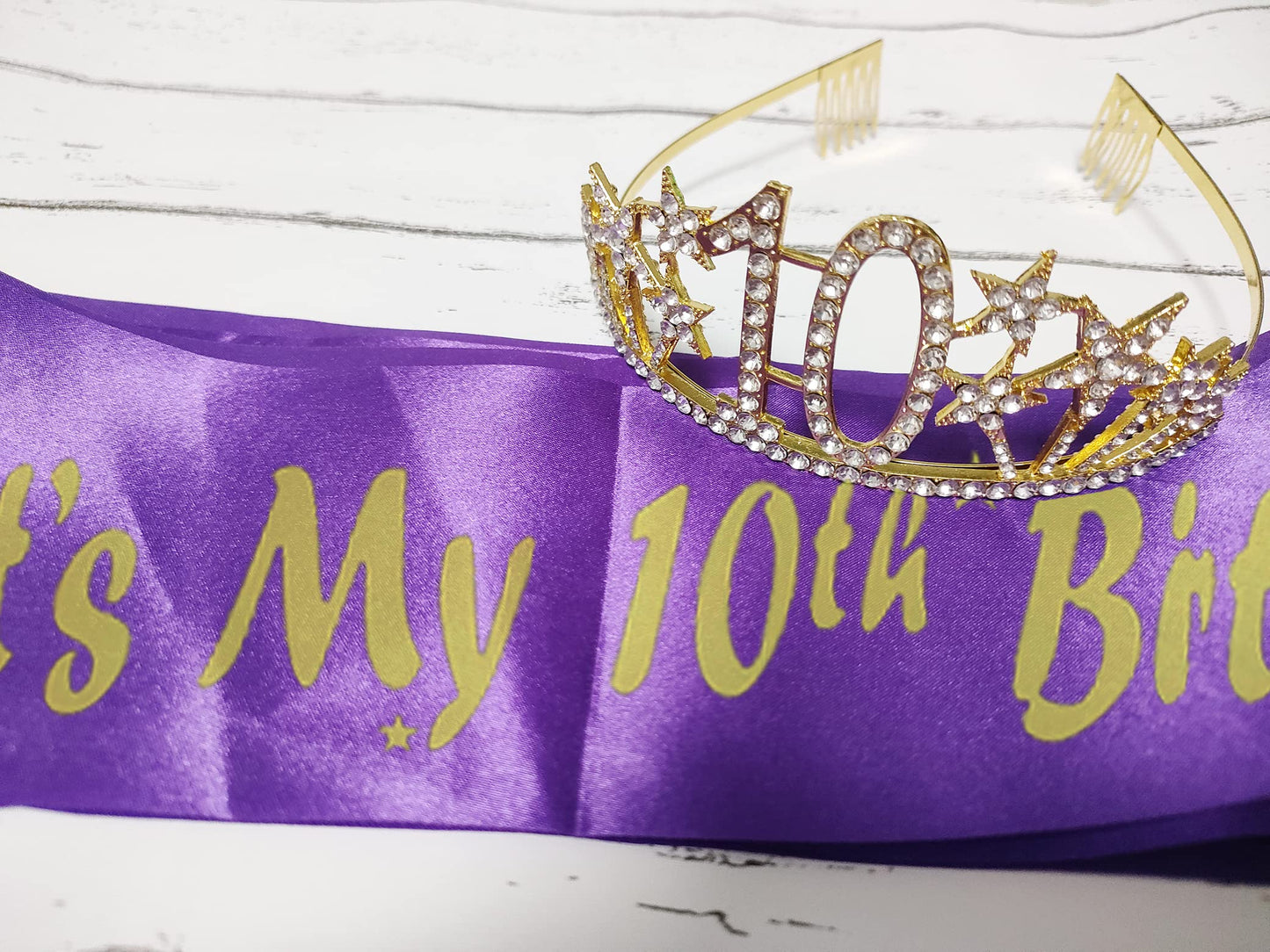 Happy 10th Birthday Tiara and Sash Gifts Crystal Rhinestone Princess Crown Birthday Girl Party Favor Supplies Gold Crowns Purple Sash