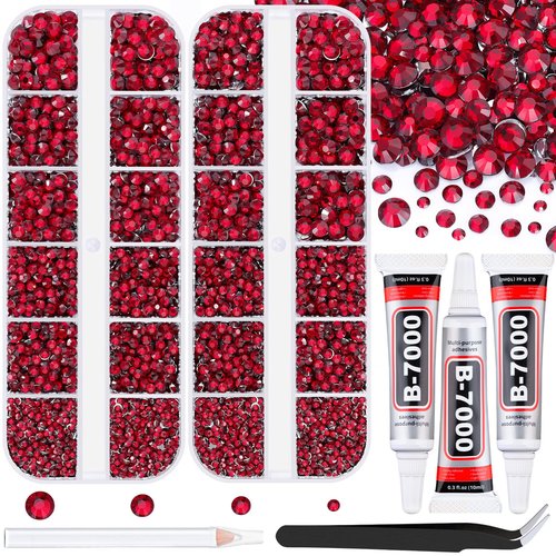 12100Pcs Resin Rhinestones for Crafting with 3Pcs 10ml B7000 Jewelry Glue, 2 Boxes Flatback Crystals Diamond (Dark Red) for Bedazzling Crafts DIY Nail Art，Non Hotfix Gems for Clothing Shoes