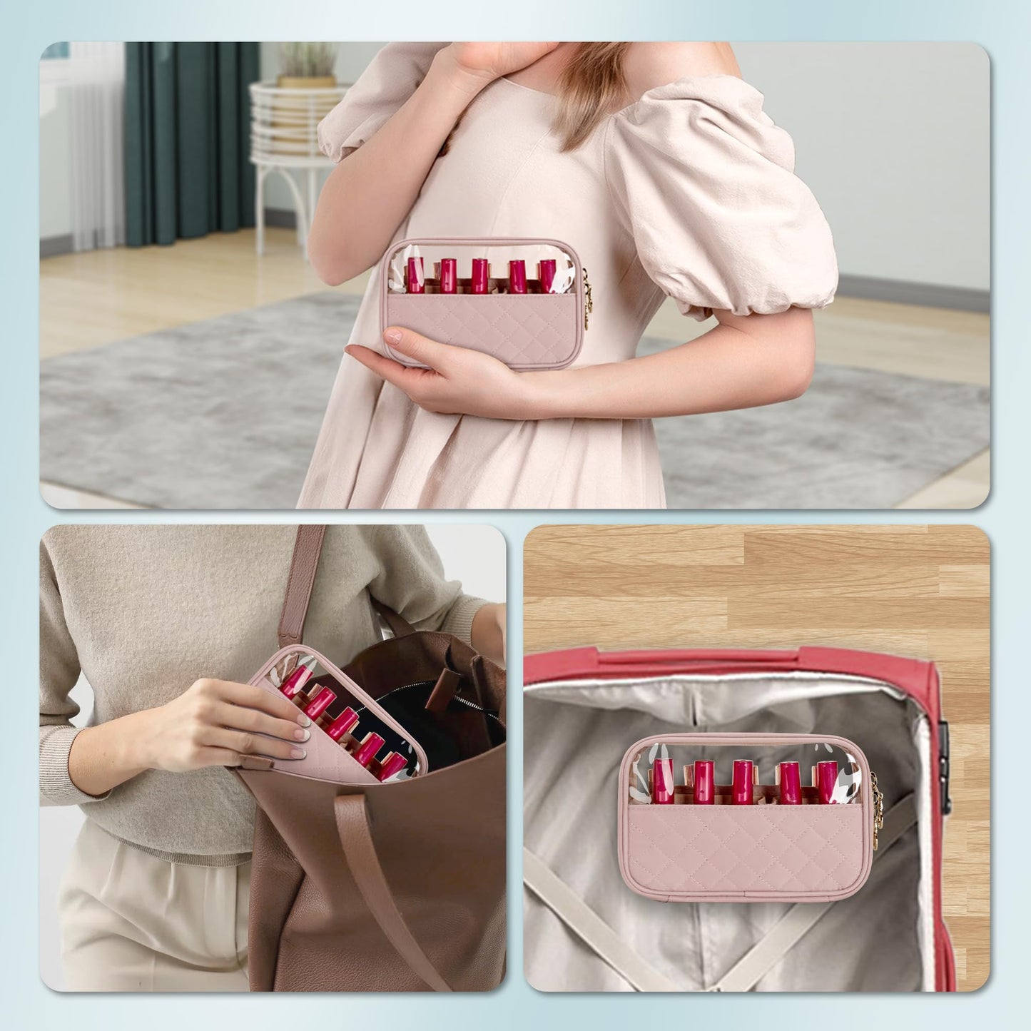 Yarwo Nail Polish Organizer Holds 10 Bottles (15ml/0.5 fl.oz), Small Nail Polish Travel Bag with Visible Window, Multifunctional Nail Art Carrying Case for Manicure Kit, Dusty Rose (Bag Only)