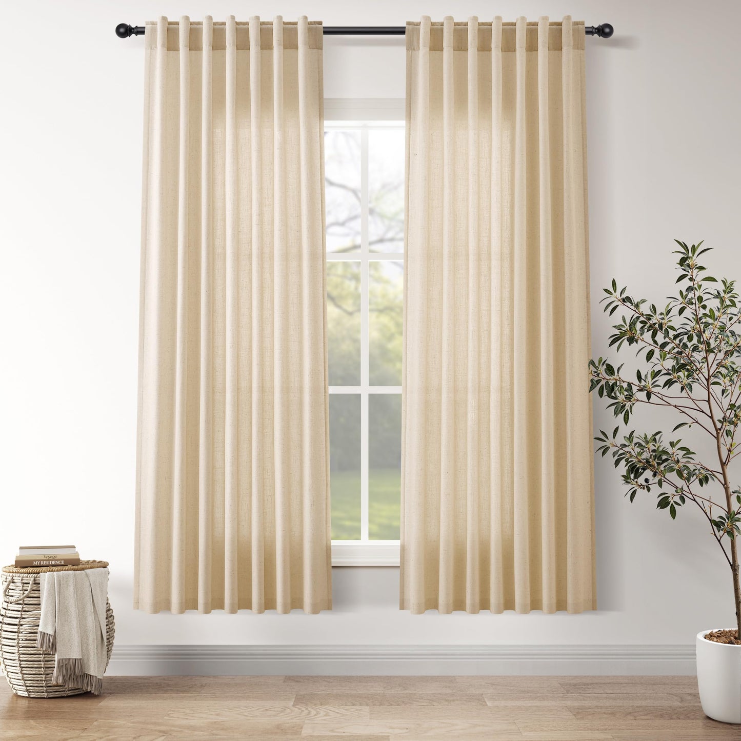 Nanspring Natural Linen Curtains for Kitchen Windows Over Sink - Cafe Curtain Semi Sheer with Rod Pocket and Back Tab Lightweight Rustic Textured Bistro Curtains for Bathroom, 2 Panels 25 x 24 Inch