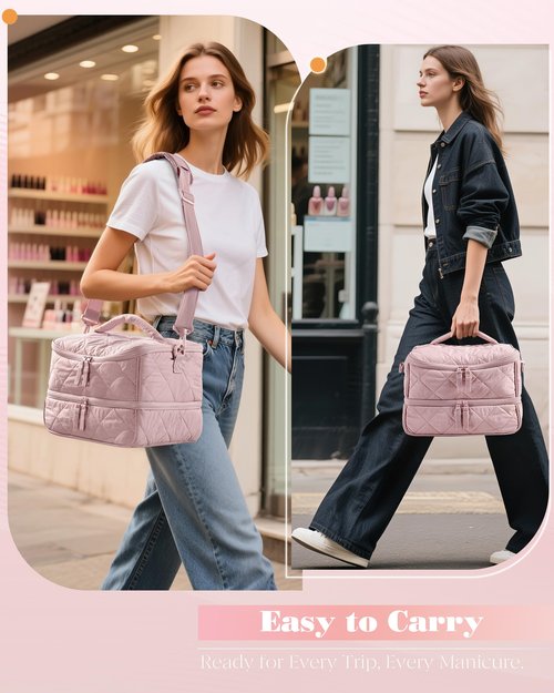 Marscamd Quilted Nail Polish Organizer Bag Holds 42 Bottles and Nail Lamp, Nail Polish Storage Case with Crossbody Straps and Multiple Pockets, Pink