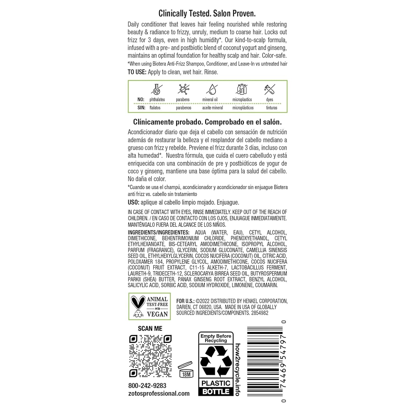 Biotera Anti Frizz Smoothing Conditioner - Smooths Frizzy Hair | Microbiome Friendly & Vegan | Paraben Free