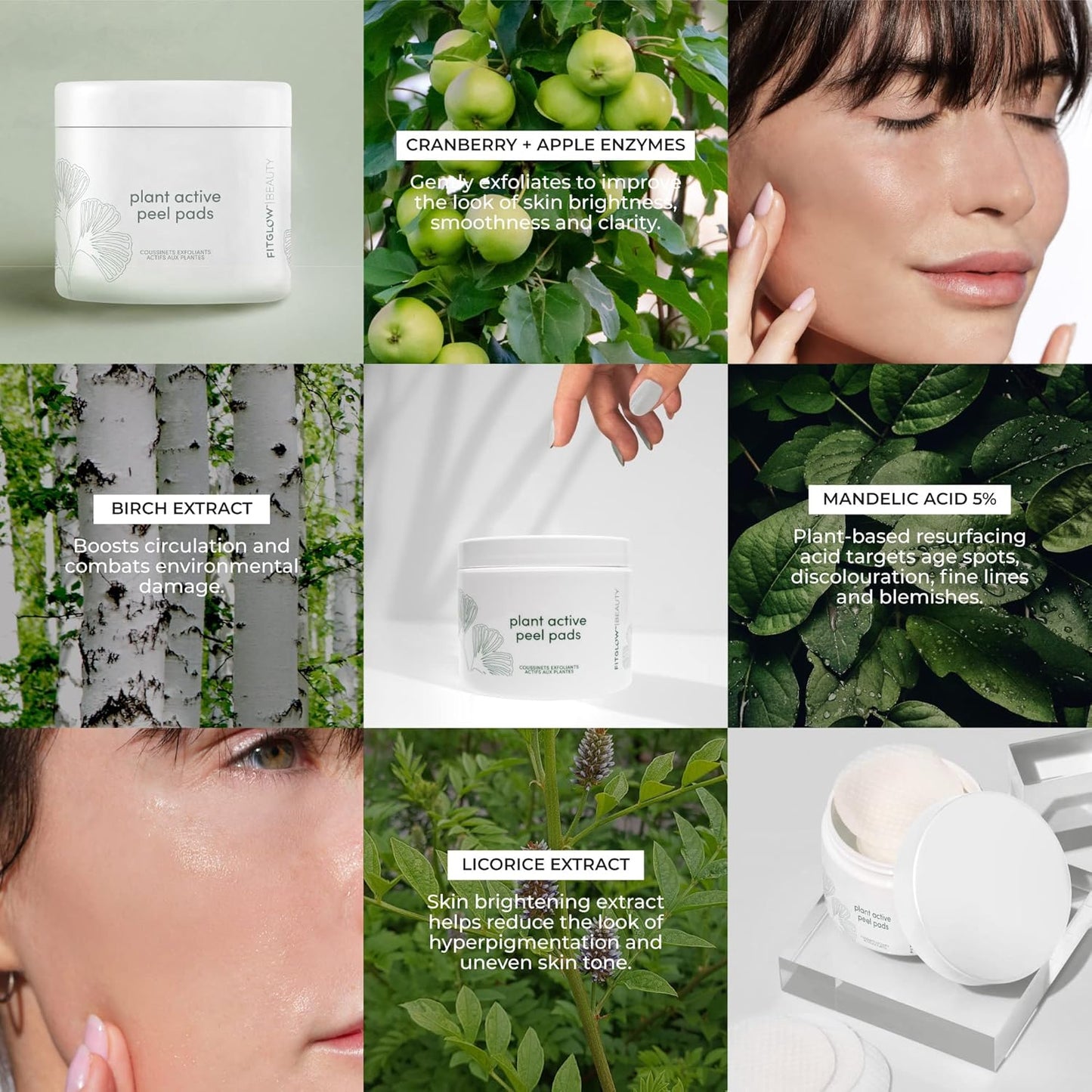 Fitglow Beauty | Plant Active Peel Pads - Natural Vegan Exfoliating Facial Wipes with Mandelic, Salicylic & Citric Acid | 50 Pads