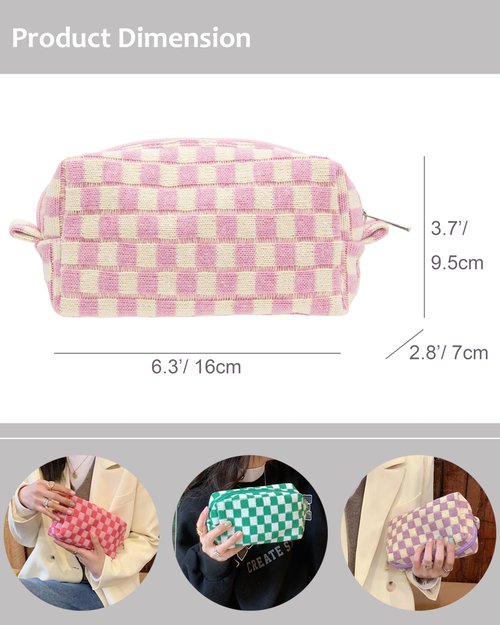 PAZIMIIK Checkered Makeup Bag for Purse Portable Zipper Make Up Pouch Small Cosmetic Case for Travel Accessories Pink Beige