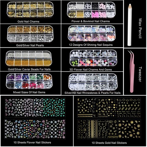 Teenitor Nail Charms Nail Stickers for Nail Art Kit, 8 Boxes Nail Rhinestones Nail Gems Pearls for Nails with 20 Sheets Nail Art Stickers, 3D Gold Nail Charms and Gems Nail Supplies Nail Art Tools