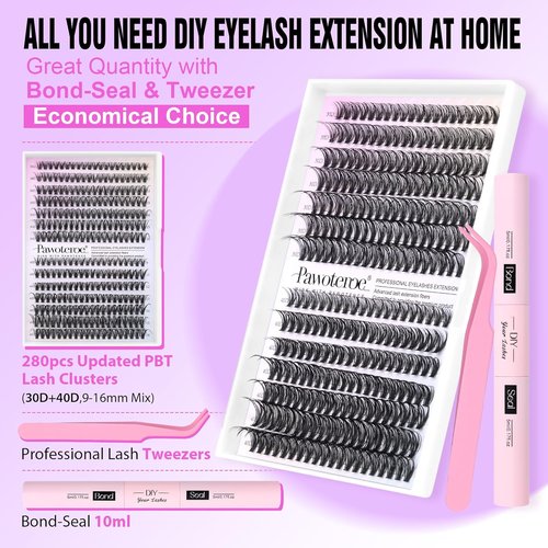 Pawotence Lash Extension Kit - 280pcs DIY Eyelash Clusters | 9-16mm 30D & 40D Lashes with Bond & Tweezers