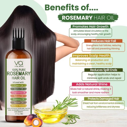 100% Pure Rosemary Oil For Hair Growth With Castor Oil-Batana Oil-Jojoba Oil-Infused With Biotin & Vitamin E-Blend of Effective Hair Oils for Hair Growth-Strengthening Treatment-Vital Affair-6.7 Fl Oz