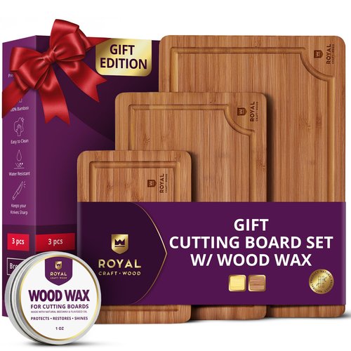ROYAL CRAFT WOOD Acacia Wood Cutting Boards Set of 3 – Premium Wooden Cutting Boards for Kitchen Meal Prep & Serving - Charcuterie & Chopping Butcher Block for Meat with Deep Juice Groove Side Handles