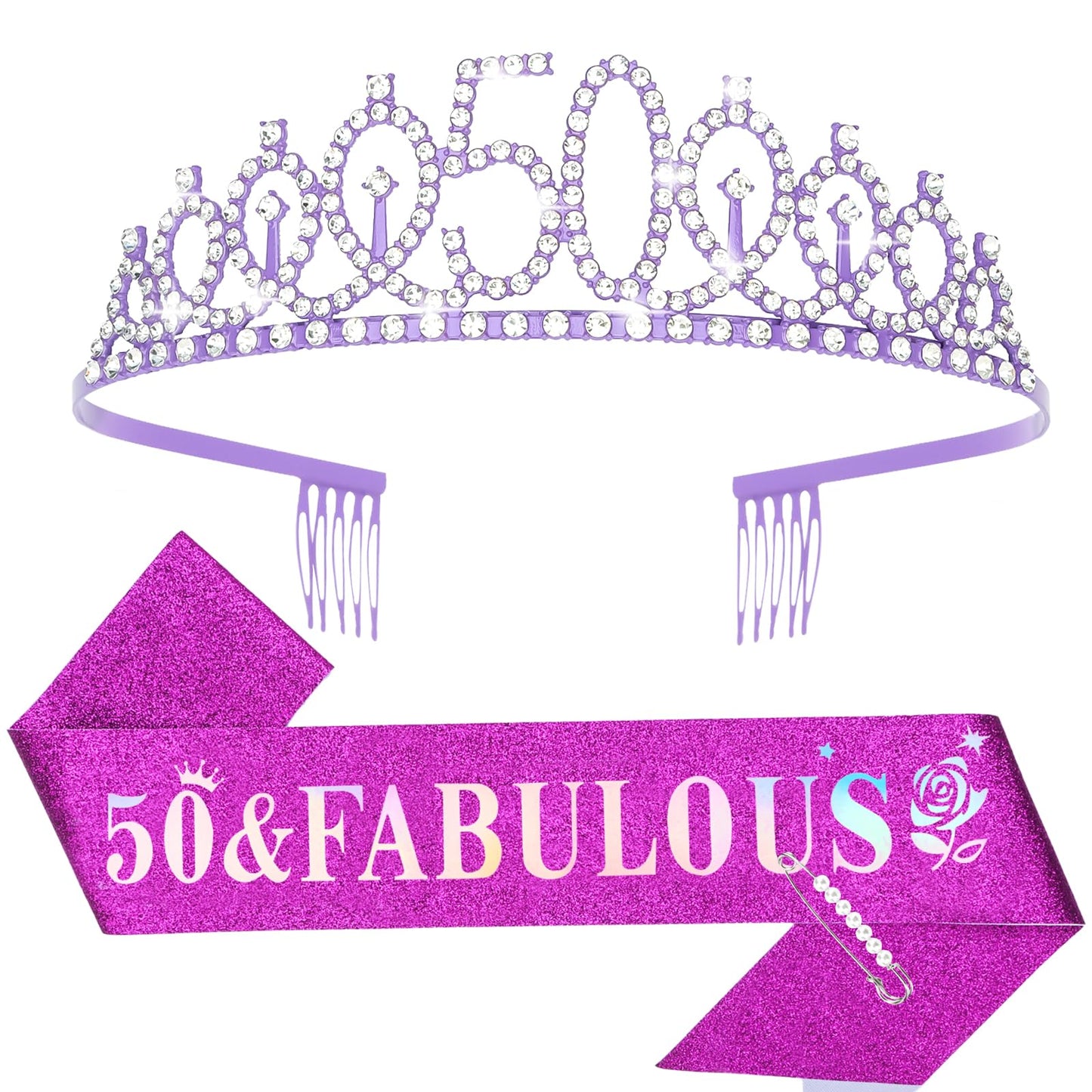 Purple 50th Birthday Sash and Tiara for Women, 50th Birthday Decorations Women, 50th Birthday Crown and Sash Set, 50th Birthday Party Favors, 50th Birthday Gifts for Women