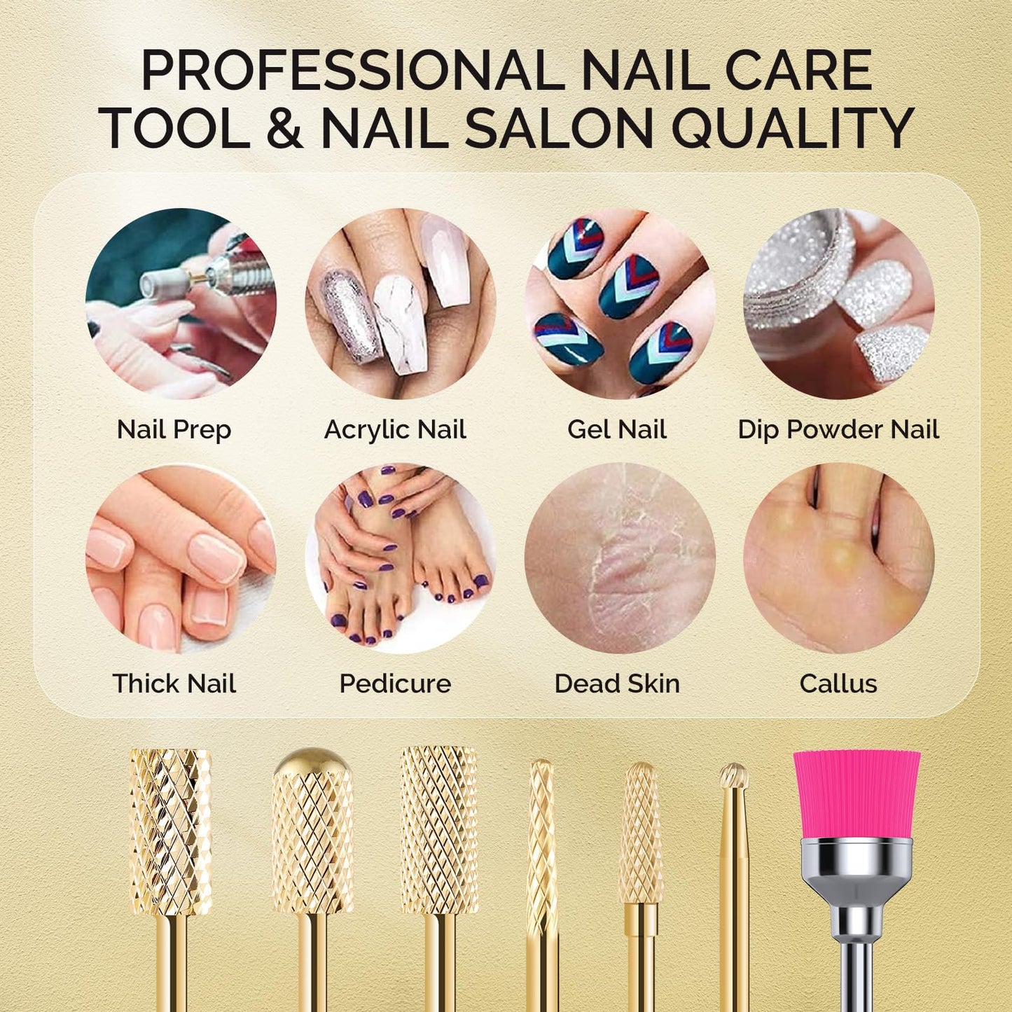 MelodySusie Nail Drill Bits Set, 7pcs Tungsten Carbide Nail Bits for Nail Drill E-file, 3/32 inch Bits Manicure Pedicure Remover Tools for Acrylic Gel Nails, Salon Home Nail Care Supplies, Gold