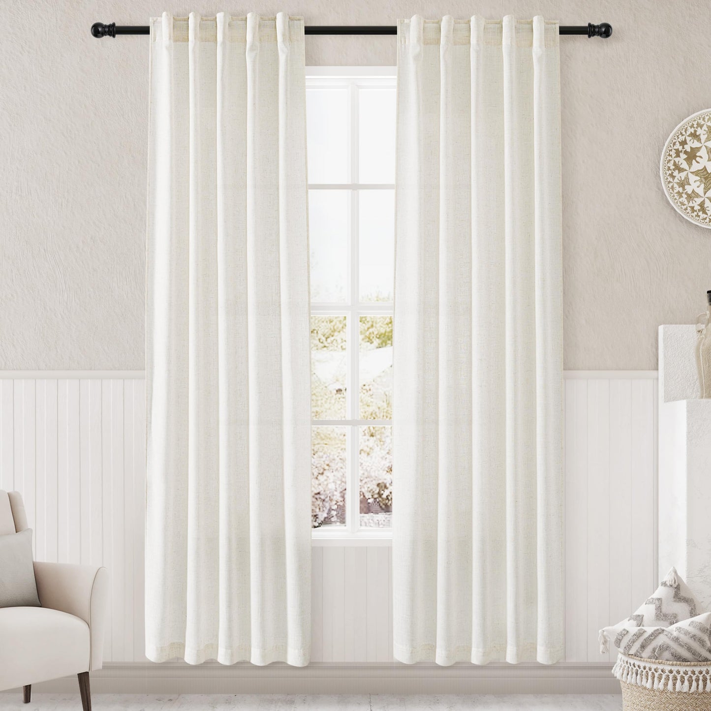 Nanspring Natural Linen Curtains for Kitchen Windows Over Sink - Cafe Curtain Semi Sheer with Rod Pocket and Back Tab Lightweight Rustic Textured Bistro Curtains for Bathroom, 2 Panels 25 x 24 Inch