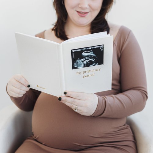Pearhead Pregnancy Journal, Linen Guided Pregnancy Memory Book with Sonogram Photo Insert, Beige