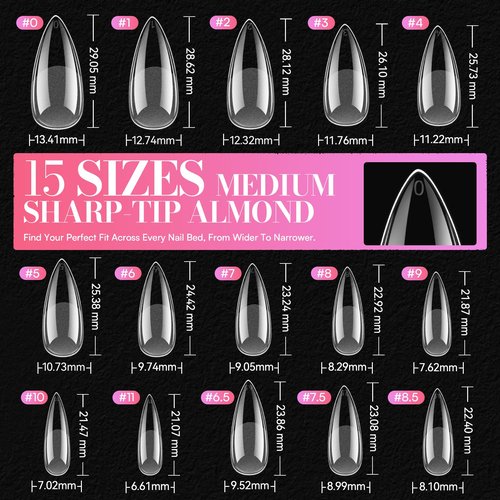 Makartt Medium Stiletto Almond Nail Tips: 504 PCS Pre-Etched Clear False Nails Tips Almond Shapes, 15 Sizes Full Cover Half Matte Soft Acrylic Press On Nail Extensions Supplies Salon and DIY at Home