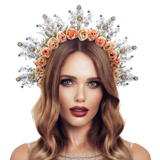 COSUCOS Rose Halo Crown Headpiece - Handmade Renfaire Fantasy Floral Headband Greek Goddess Champagne Flower Tiara for Bride Cosplay Women Wedding Costume Renaissance Halloween