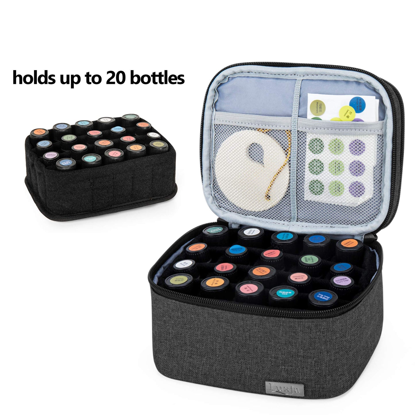 LUXJA Essential Oils Bag - Holds 20 Bottles (5ml-30ml, Also Fits for Roller Bottles), Double-Layer Organizer for Essential Oil and Accessories, Black
