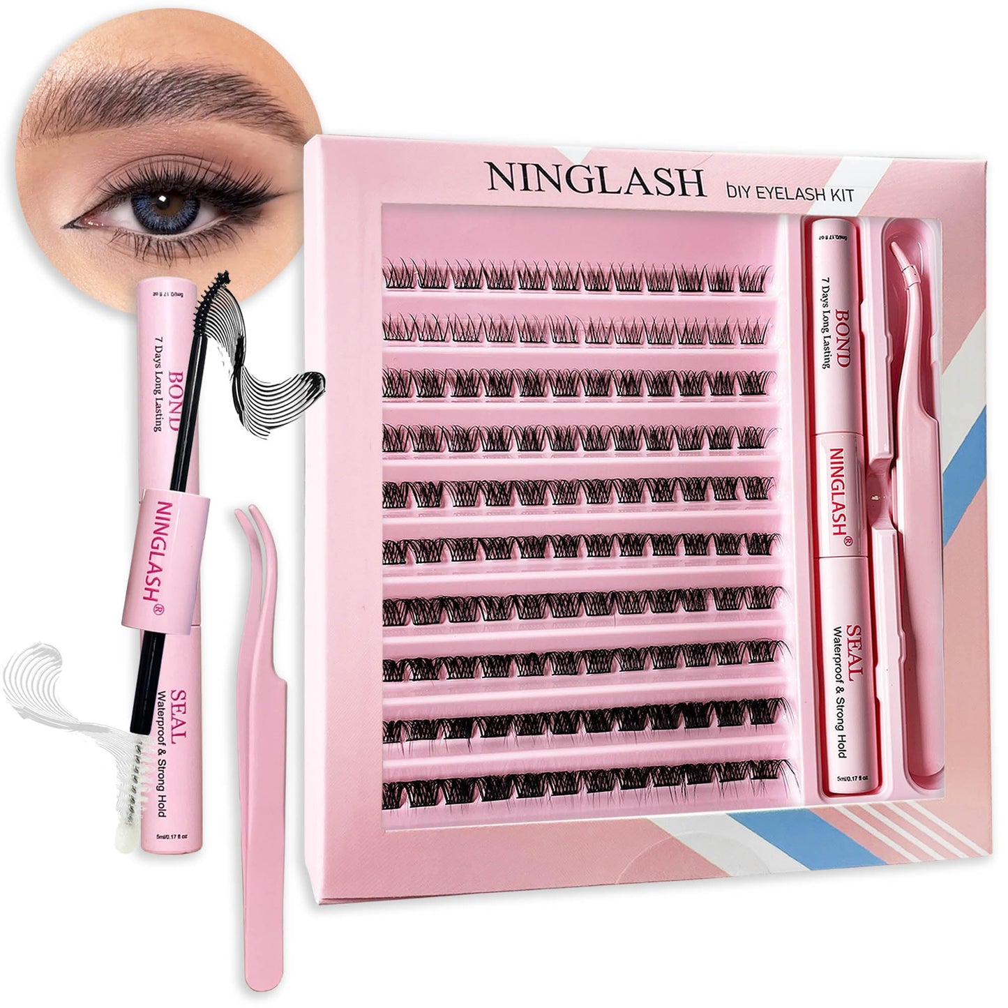 Lash Extension Kit 120 Pcs Lash Clusters with 7 Days Long Lasting Bond and Seal 8-16mm D Curl Wispy Eyelash Extension Kit at Home Lash Tweezers for Lash Clusters