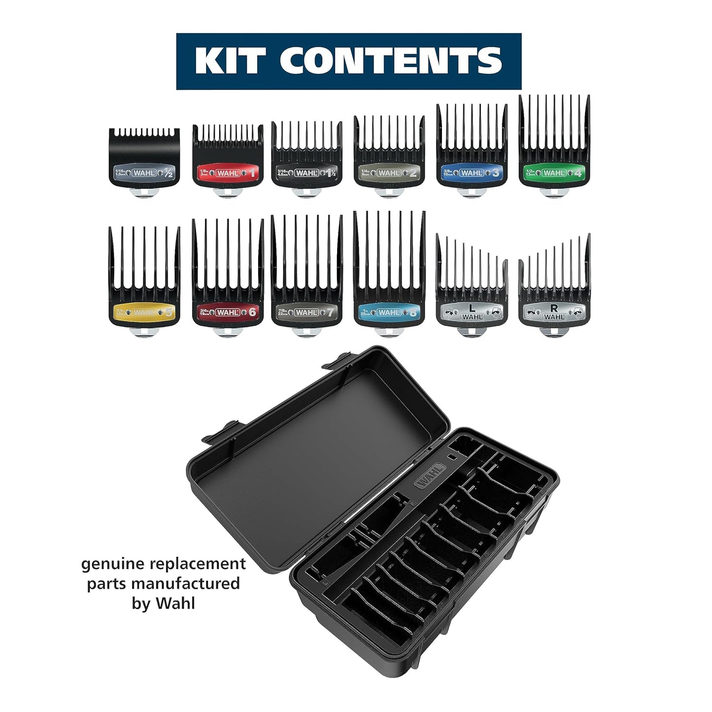 Wahl Genuine SECURE-SNAP® Guide Comb Set - 12 Full Size Attachment Guards with Color Clips & Caddy