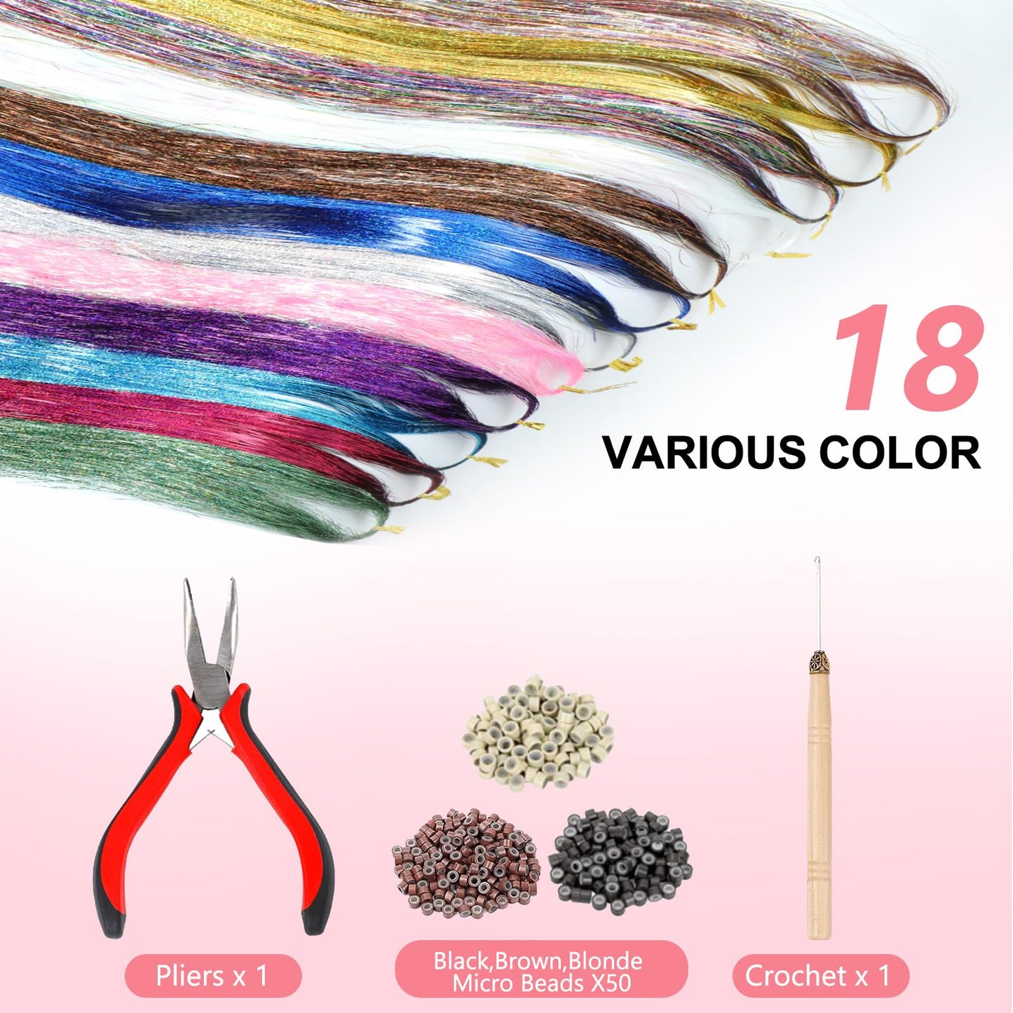 House West Hair Tinsel Kit, 48inch 18 Vibrant Colors 4000 Strands Heat Resistant Hair Tinsel, With Tinsel Hair Tools(Included Silicone Micro Rings, Crochet, Extensions Pliers)