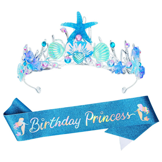 GAFATORY Blue Mermaid Crown and Sash for Women Birthday Crown and Sash for Birthday Princess Mermaid Adult Crown Ocean Theme Mermaid Birthday Decoration Seashell Fishtail Crown Halloween