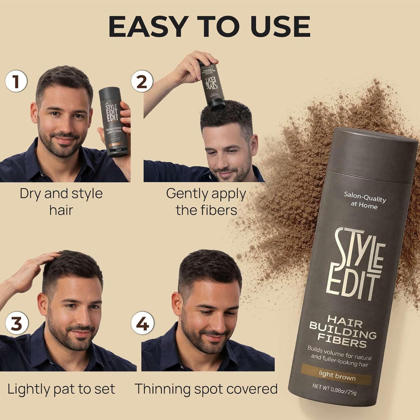 Style Edit Hair Building Fibers - Conceal Thinning Hair & Bald Spots | 100% Plant-Based, Light Brown 0.88oz