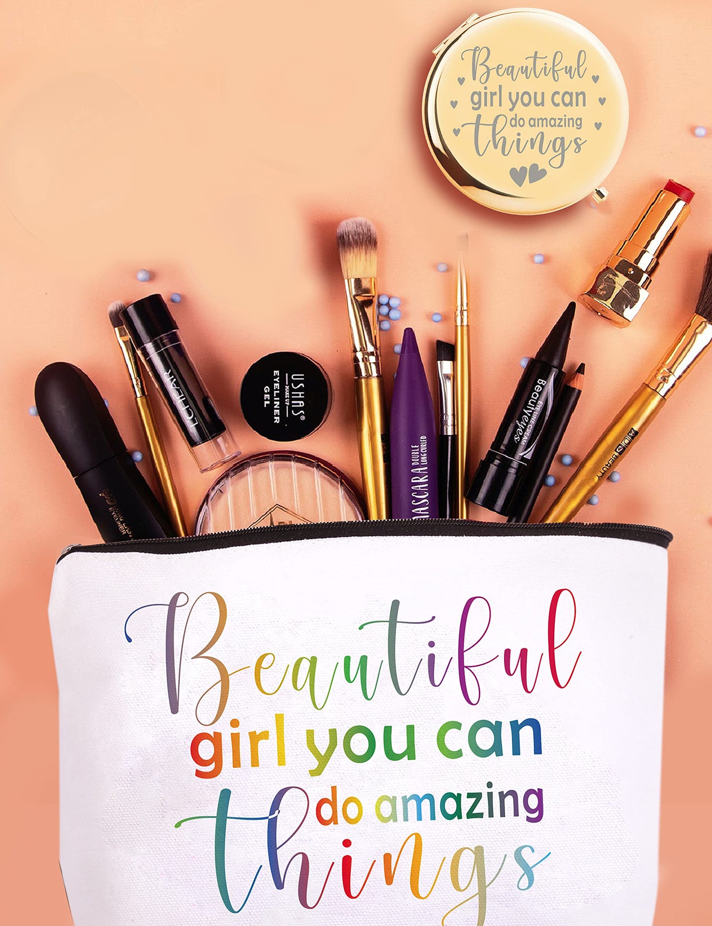 VeryMerryMakering Beautiful Girl You Can Do Amazing Things, Inspirational Gifts for Women, Amazing Gifts for Teen Girls, Beautiful Gift Makeup Bag, Inspirational Jewelry Dish, Amazing Mirror