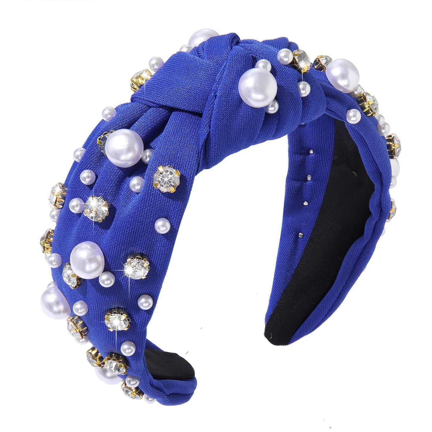 GLBCC Pearl Headband Sparkly Rhinestone Pearls Knot Hairband Wide Knotted Headband Headpiece Spring Summer Pink Black Headbands Headwear Accessories (Royal blue knot hairband)