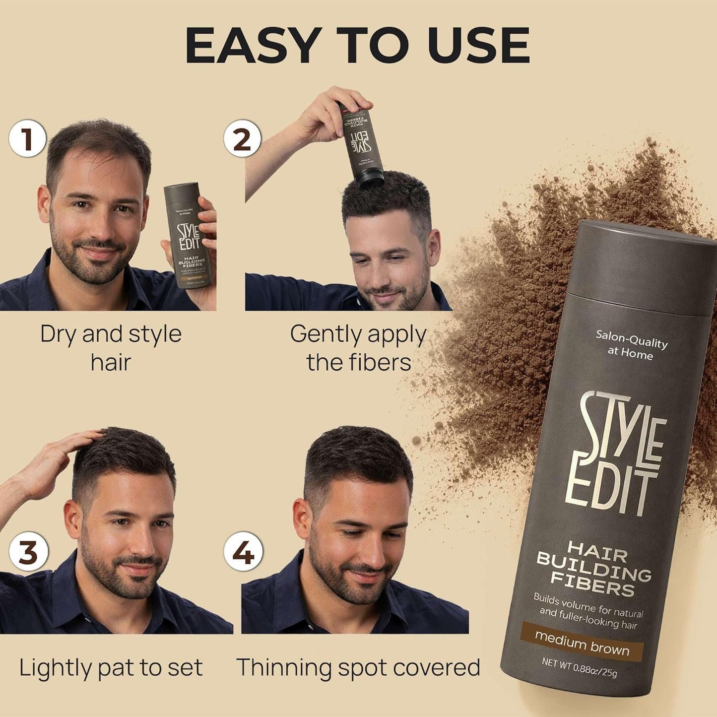 Style Edit Hair Building Fibers - Conceal Thinning Hair & Bald Spots | 100% Plant-Based, Medium Brown 0.88oz