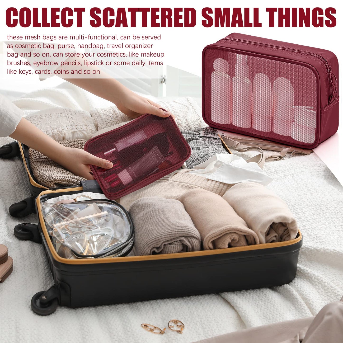 Weewooday 4 Pcs Mesh Makeup Bag Mesh Cosmetic Bag Travel Toiletry Pouch with Zipper Mini Makeup Cosmetic Purse for Daily Accessory(Small, Large, Medium,Wine Red)