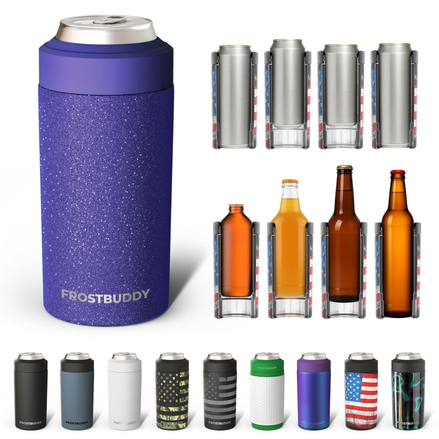 Frost Buddy Universal Buddy Can Cooler - Fits All - For Regular 12 & 16 oz or Slim-Size Bottles - Insulated Double -Walled Stainless Steel (All white)