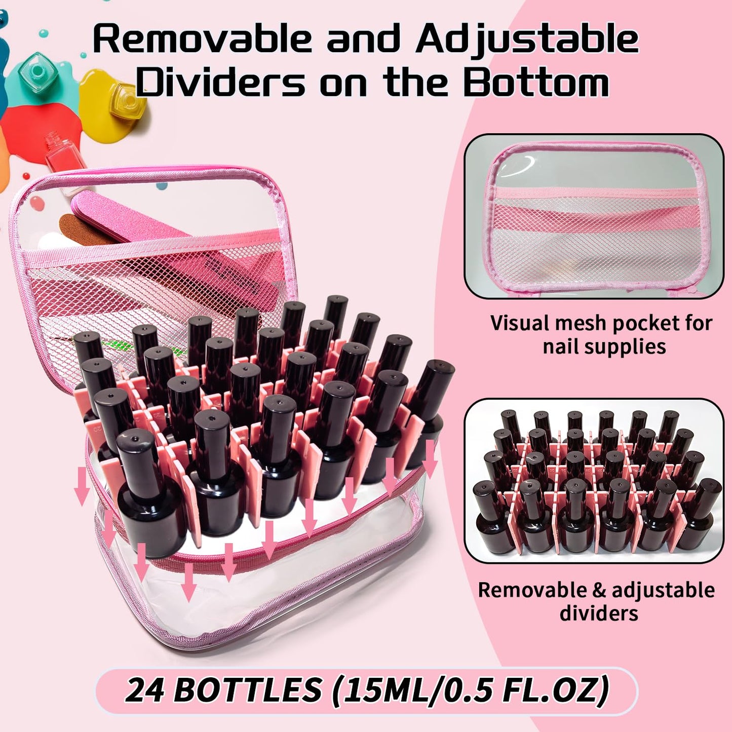 Clear Nail Polish Organizer, Nail Supplies Organizer, Holds 24 Bottles of Nail Polish PVC Nail Polish Organizer Case with Attached Nail Tool Organizer, Portable Travel Nail Technique Organizer (Pink)