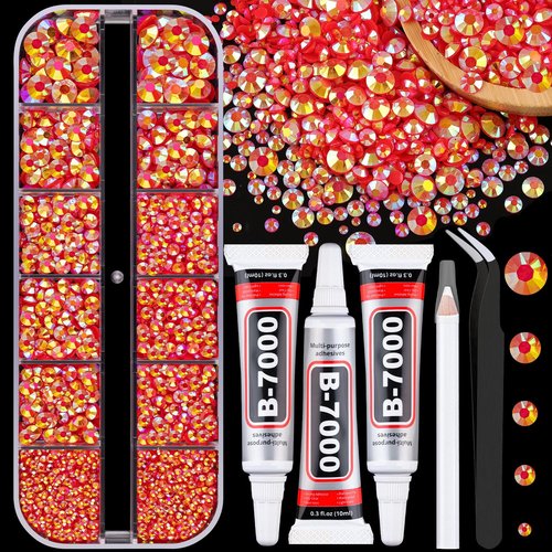 Resin Jelly Rhinestones for Crafting with B7000 Jewelry Glue, 1 Box Red AB Flatback Crystal with 3Pcs 10ml Glue, Bedazzling Non Hotfix Gems for DIY Tumblers Clothing Shoes Manicure