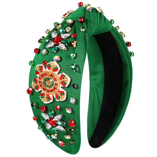 Christmas Holiday Headbands Accessories for Women Beaded Christmas Tree Headband Festive Xmas Knotted Headband Red Green Rhinestone Crystal Wide Top Knot Headband Holiday Gifts (Snowflake 1 - Green)