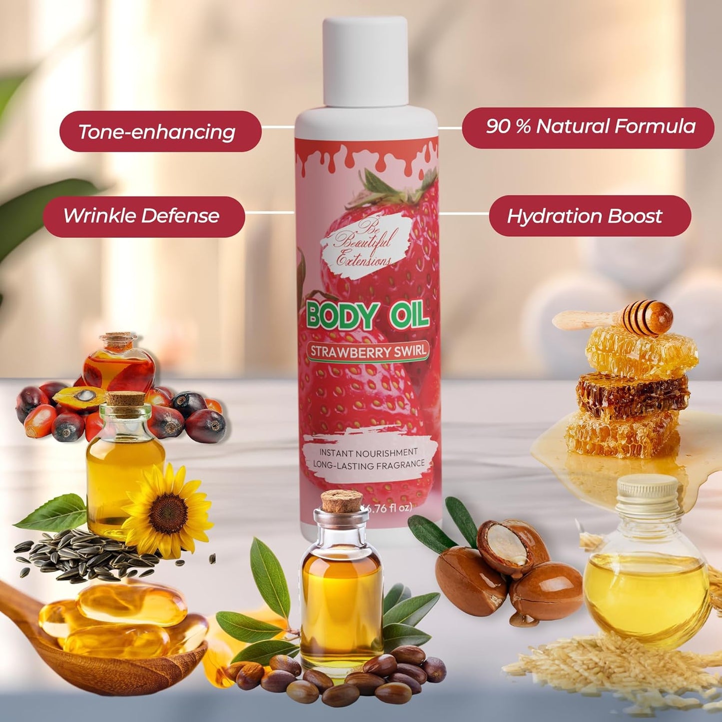 Skiennix Body Oil - Deep Hydration Formula for Nourished, Radiant Skin | 6.76 oz Strawberry Scent