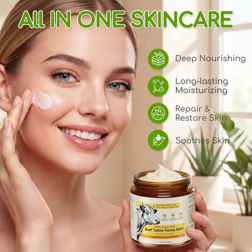 Beef Tallow | Whipped Tallow and Honey Balm Cream - 100% Grass-Fed Face Moisturizer, Unscented 4.2 OZ