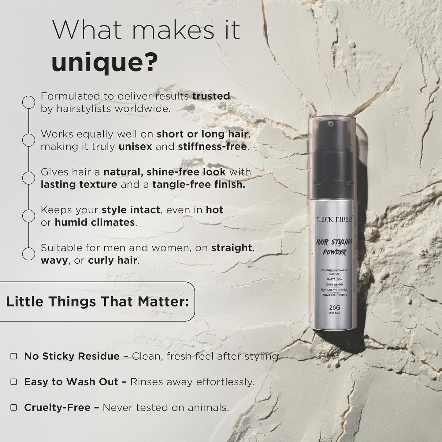 Thick Fiber Hair Styling Powder - Clay-Based Volumizing & Texturizing Formula - Medium Hold, Matte Finish - 26g