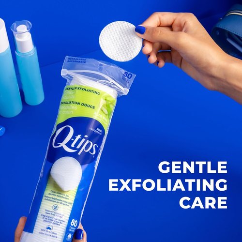 Q-Tips Gentle Exfoliating Cotton Rounds - 100% Cotton, Dual Textured Makeup Remover Pads | 80 Count Pack
