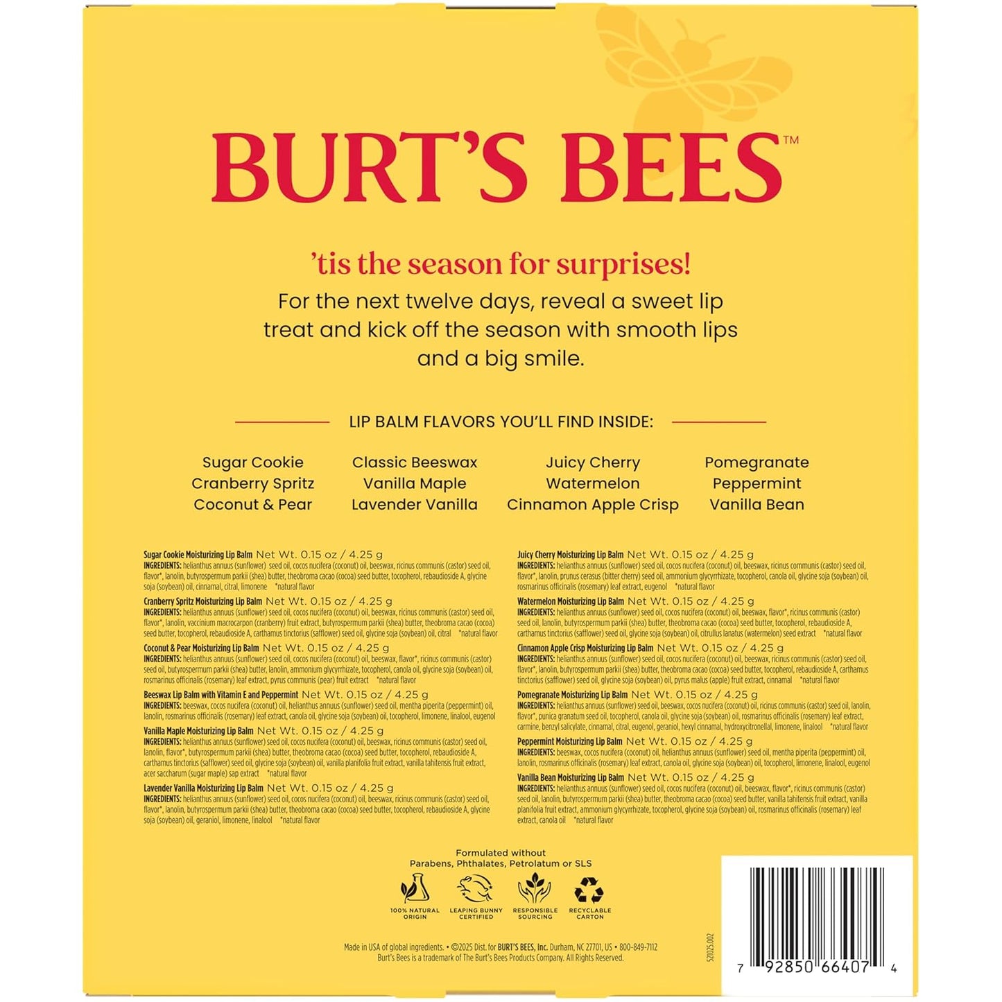 Burt’s Bees Advent Calendar - 12 Natural Lip Balms for 24-Hour Moisture | Juicy Cherry & More, 0.15 Oz Each
