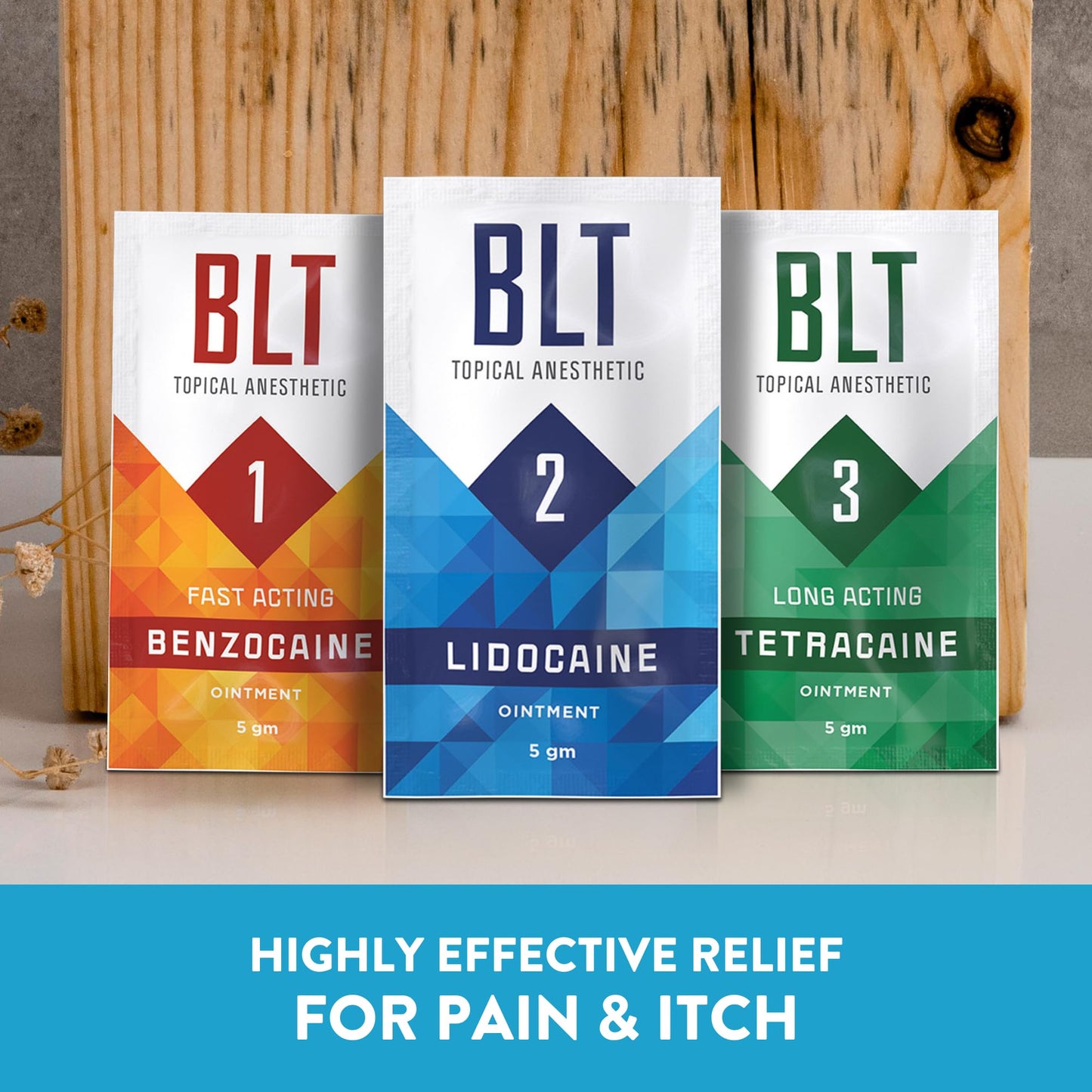 BLT Pain Numbing Creams - 2 Sets (Benzocaine, Lidocaine, Tetracaine), 6 Single-Use Sachets for Temporary Relief of Pain and Itching, Made in The United States