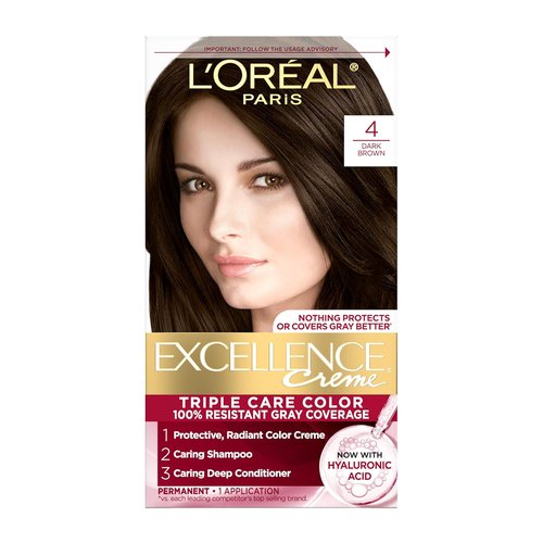 L'Oreal Paris Excellence Crème Hair Dye - Triple Care Formula for 100% Gray Coverage, 4 Dark Brown