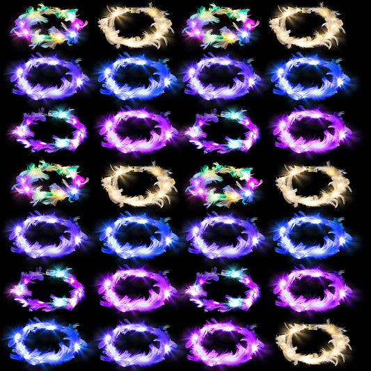 Janinka 28 Pcs Feather Crown Headband - 6 Styles LED Light Up Hair Accessories with 3 Light Modes for Women Girls Wedding Festival Party