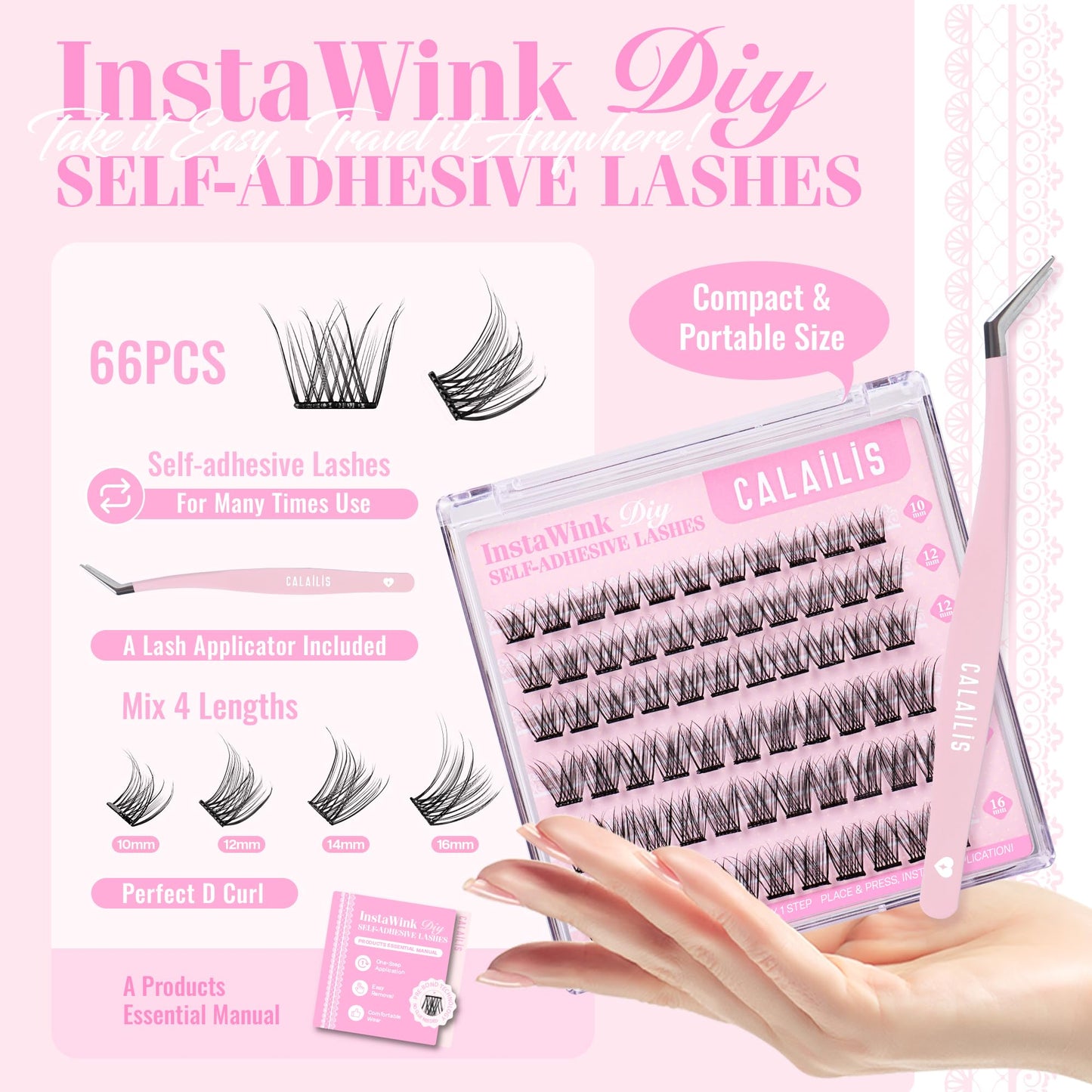 CALAILIS Self Adhesive Eyelashes 66Pcs Lash Clusters Press On Lashes, No Glue Needed Reusable DIY Eyelash Extensions Kit Pre Glued Eyelash Clusters with Lash Tweezers(DUO14,D-10-16mix)