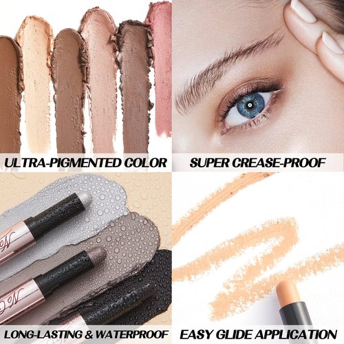 FOCALLURE No Crease Eyeshadow Stick, Creamy Eye Shadow Stick, Matte & Shimmer Eyeshadow Pencil, Smudge-proof, Built-in Smudger
