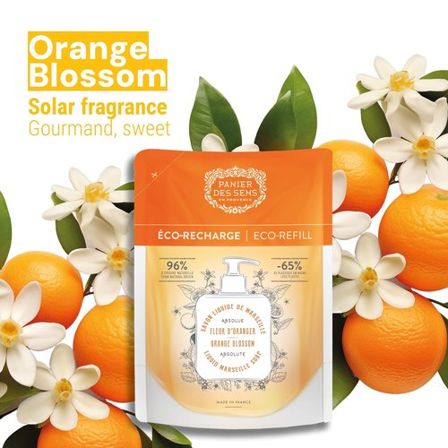 Panier des Sens Orange Blossom Hand Soap Refill - Moisturizing Liquid Soap with Coconut Oil - 34 Fl Oz for Kitchen & Bathroom