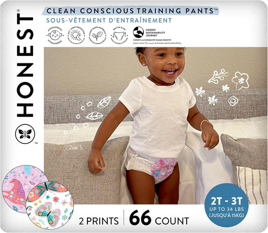 The Honest Company Training Pants - Hypoallergenic & Fragrance-Free for Sensitive Skin | Magical Moments Butterfly Kisses, Size 2T/3T (Up to 34 lbs), 66 Count