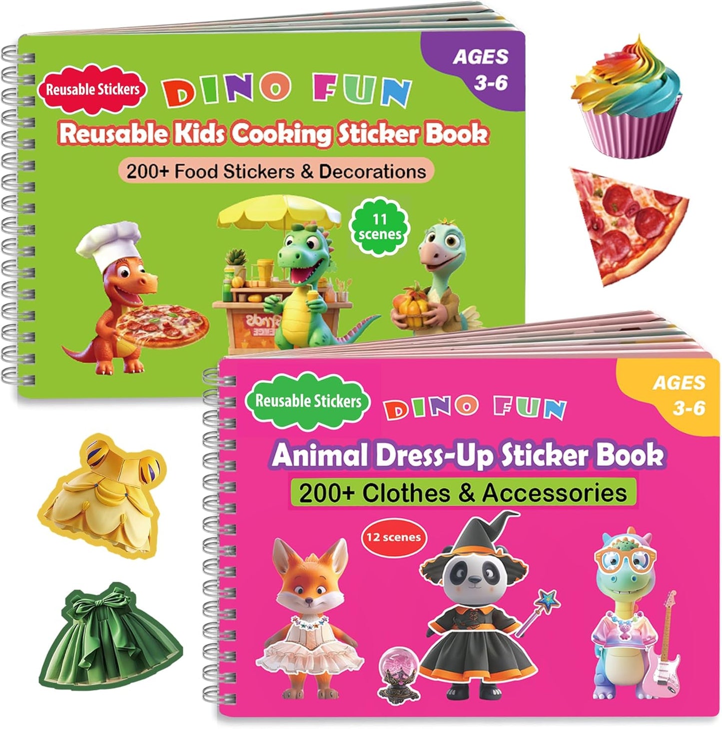 Dino Fun 2-in-1 Reusable Sticker Book for Kids - 500+ Stickers & 23 Scenes of Animal Dress-Up & Cooking