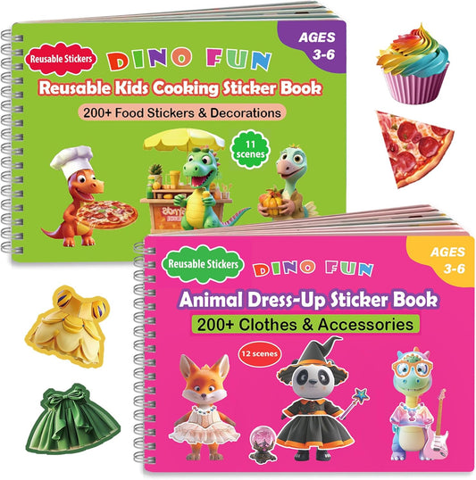 Dino Fun 2-in-1 Reusable Sticker Book for Kids - 500+ Stickers & 23 Scenes of Animal Dress-Up & Cooking