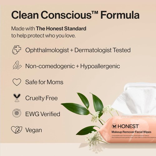 Honest Beauty Cleansing Makeup Remover Wipes - Fragrance-Free, Hypoallergenic, Gentle for Sensitive Skin | 30 Count