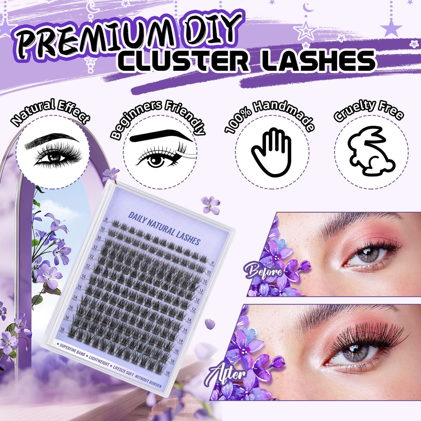 Lash Clusters Natural Cluster Eyelash Extensions 144 PCS Eyelash Clusters D Curl Z01 Individual Lashes for Beginners 8-18mm Cluster Lashes Superfine Band Eyelash Extension（Z01-D-8-18mix）